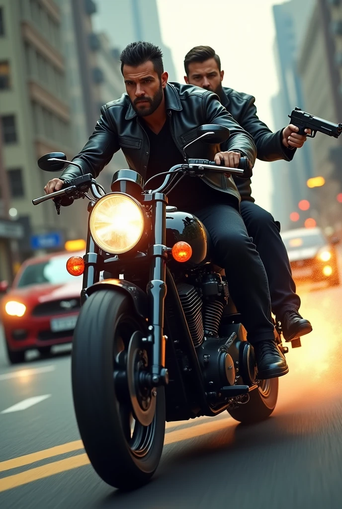 Two Male in one incredible black bike a person of back of the bike having gun with short dark hair and beard chasing car realistic