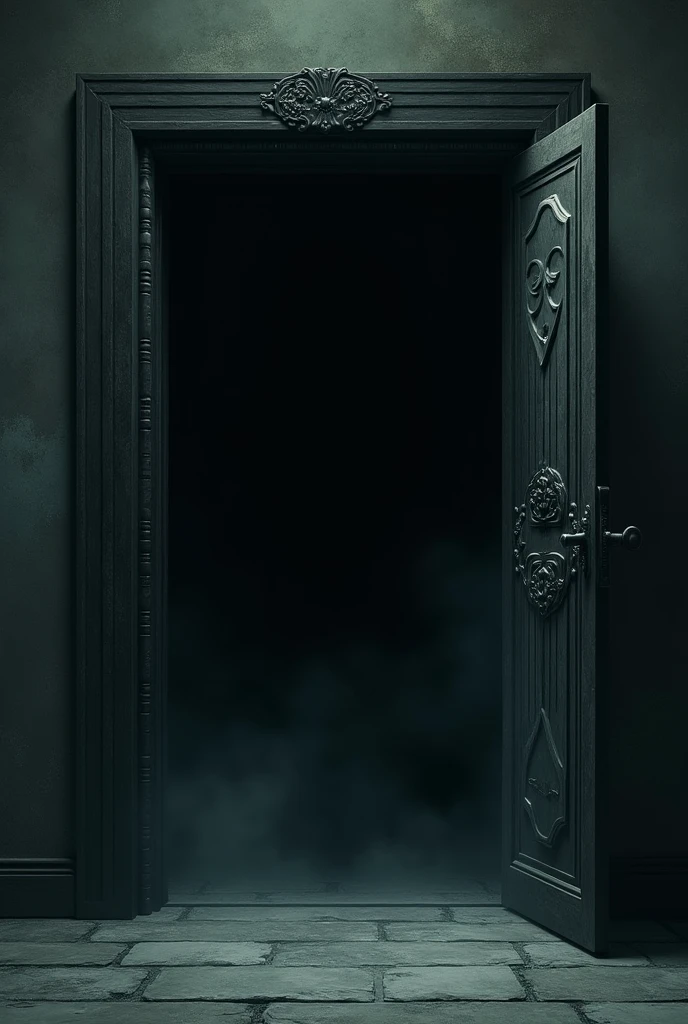 Final Door: A large, dark door with intricate designs, standing alone in a shadowy room, with a black void beyond it, representing the couple’s last chance for escape. Animation form