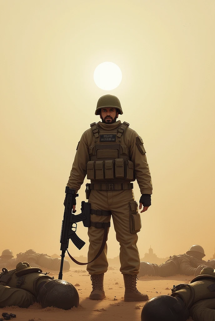 Soldier in the desert, carrying a weapon, helmet and vest. Many dead soldiers around. Panoramic view from afar.