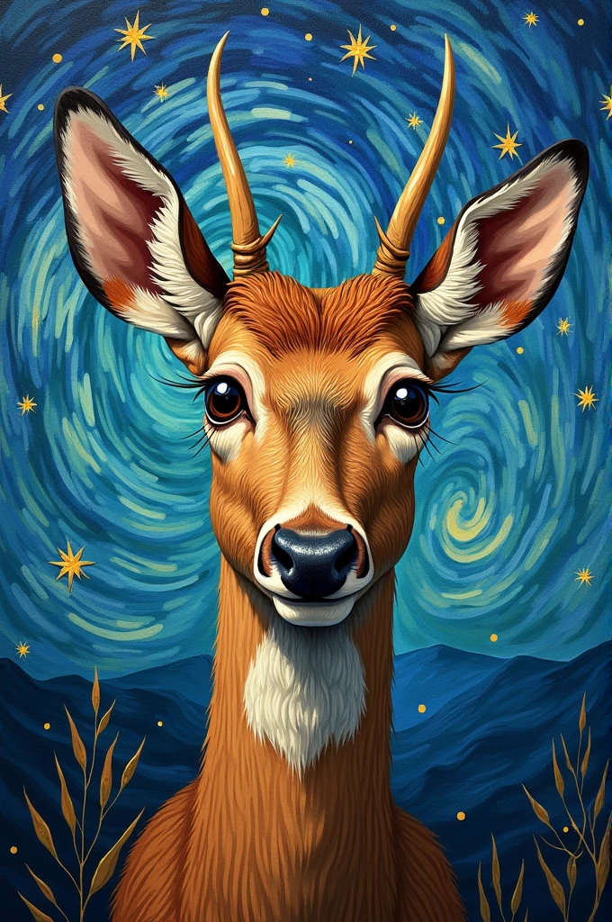 Generate me a front facing deer face with van gogh's artstyle like the starry night