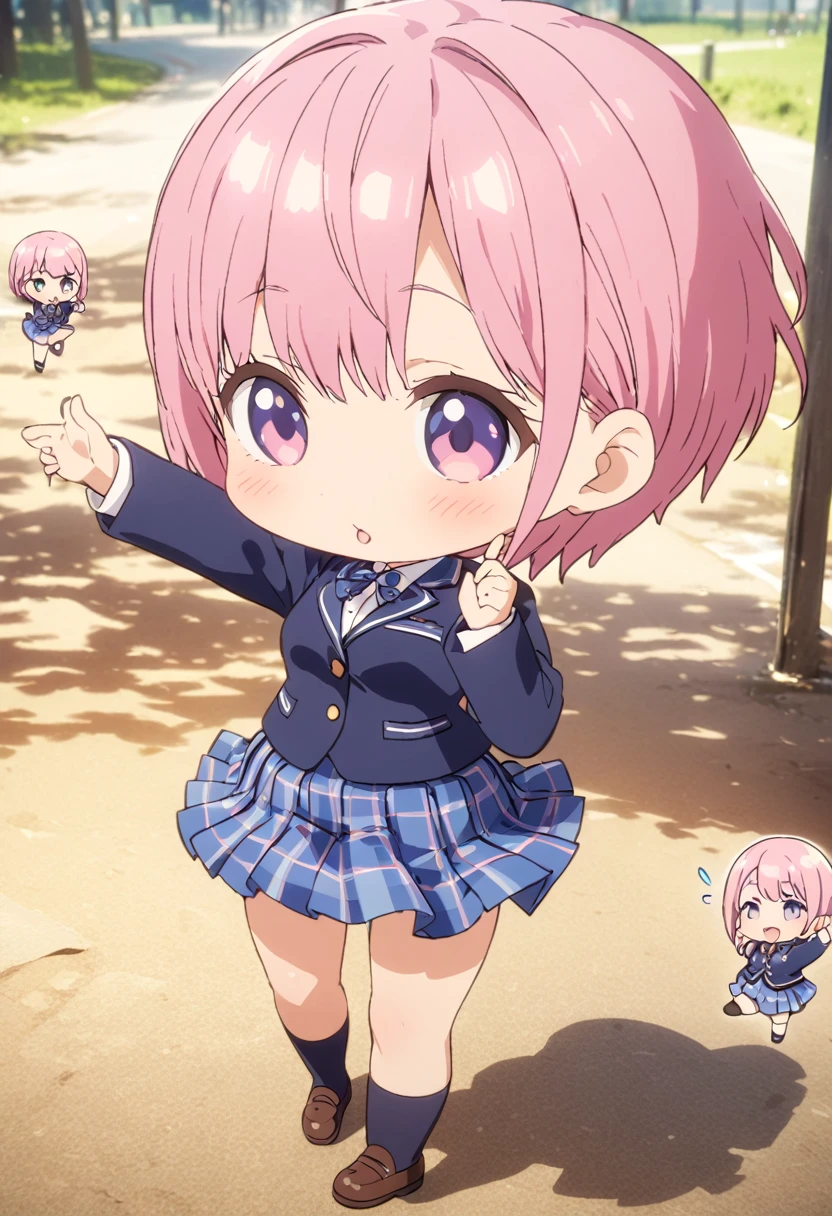 (Highest quality, 4K, 8k, High resolution, masterpiece:1.2), Very detailed, Picturesque, Animated Photography, Photo Animation:1.37)、5 Japanese schoolgirl、(Pink Hair)、(short hair)、(chibi:1.4),white shirt、Yellow-green checkered skirt,(high scool uniform:1.2)、navy blue jacket、standing、fashion model posing、Full body photography、Nakano ichika