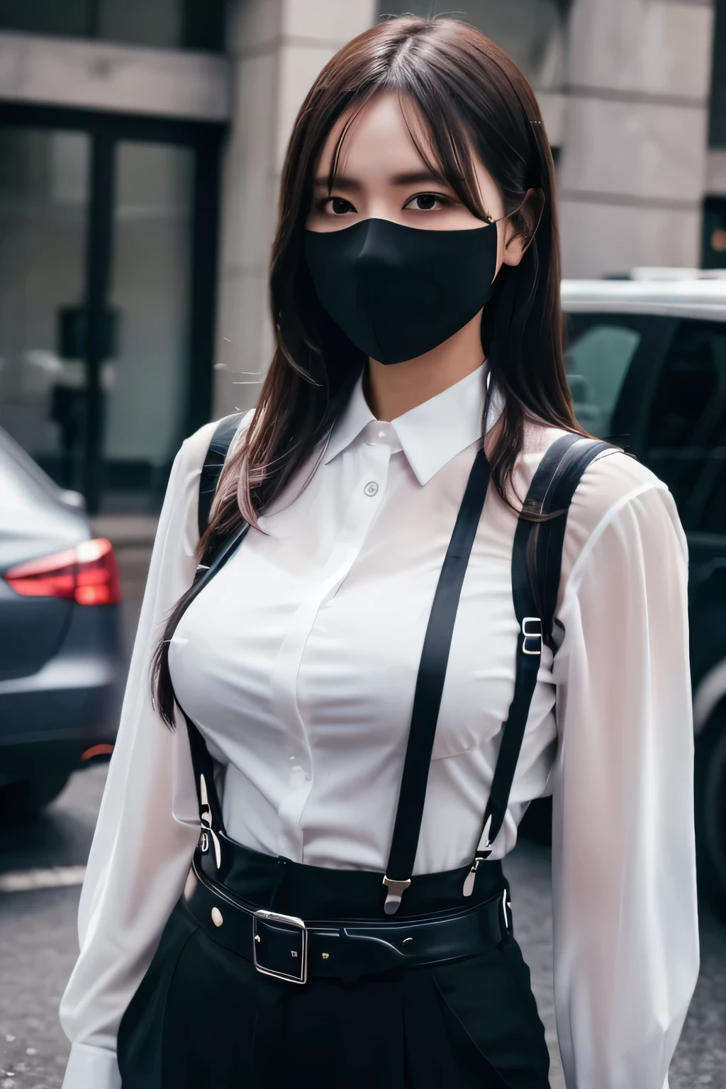 a woman in a suit, belt, hands behind back, sweating, suspenders, black pants, sexly, large breasts, see-through clothing, rain, detective, office worker, white button-up shirt, (best quality,4K,8k,highres,masterpiece:1.2),ultra-detailed,(realistic,photorealistic,photo-realistic:1.37),hyper-detailed,highly detailed face and body, Slender　thin　suspenders　Moderate breasts　See-through shirt　Nipples　holster　chain　Pistol　Armament　criminal　Female criminal　knife 　black mask