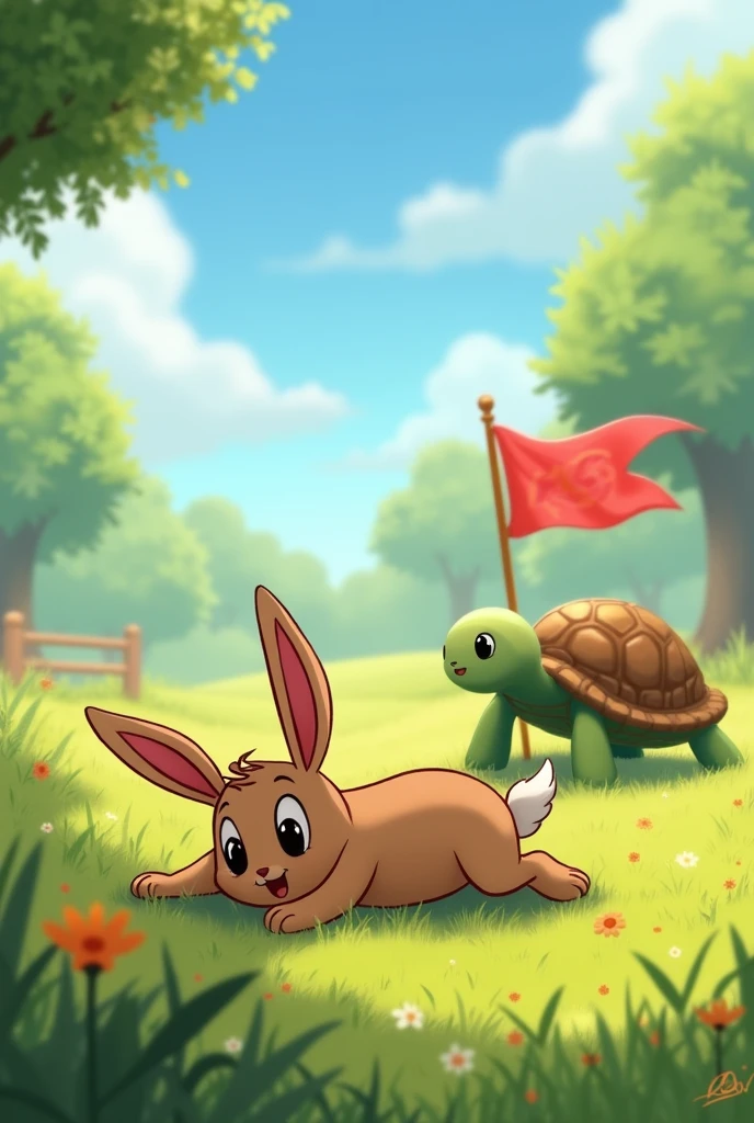 Rumi the rabbit wakes up in shock to see that Tinu, the turtle, is already crossing the finish line, while the finish line flag waves gently in the breeze."