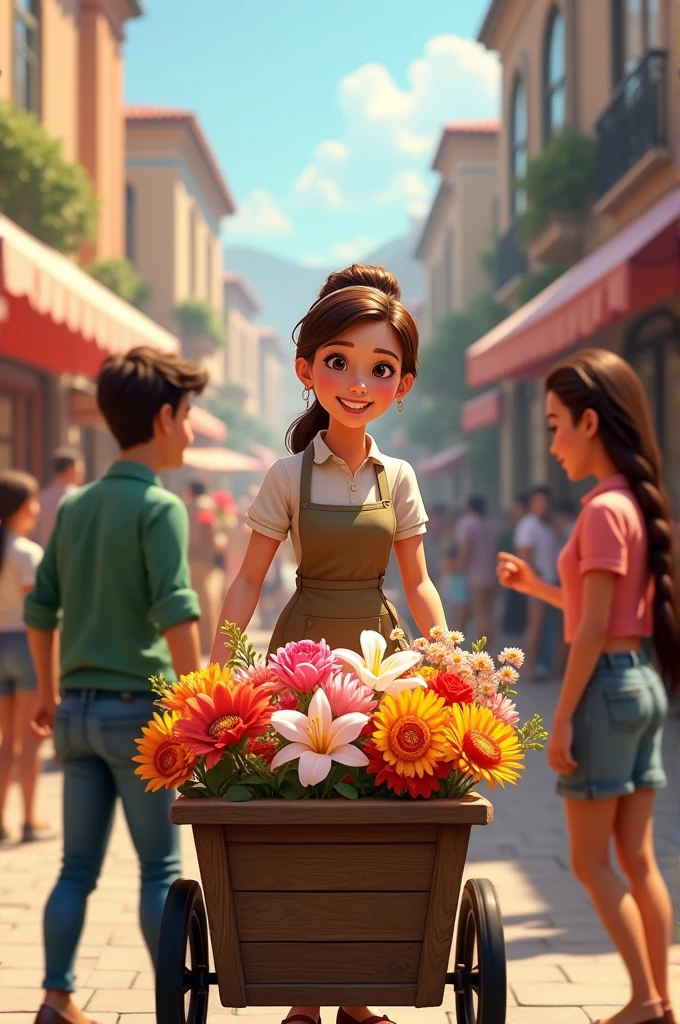 Generate an image of a lady selling flower on the cart to some customers