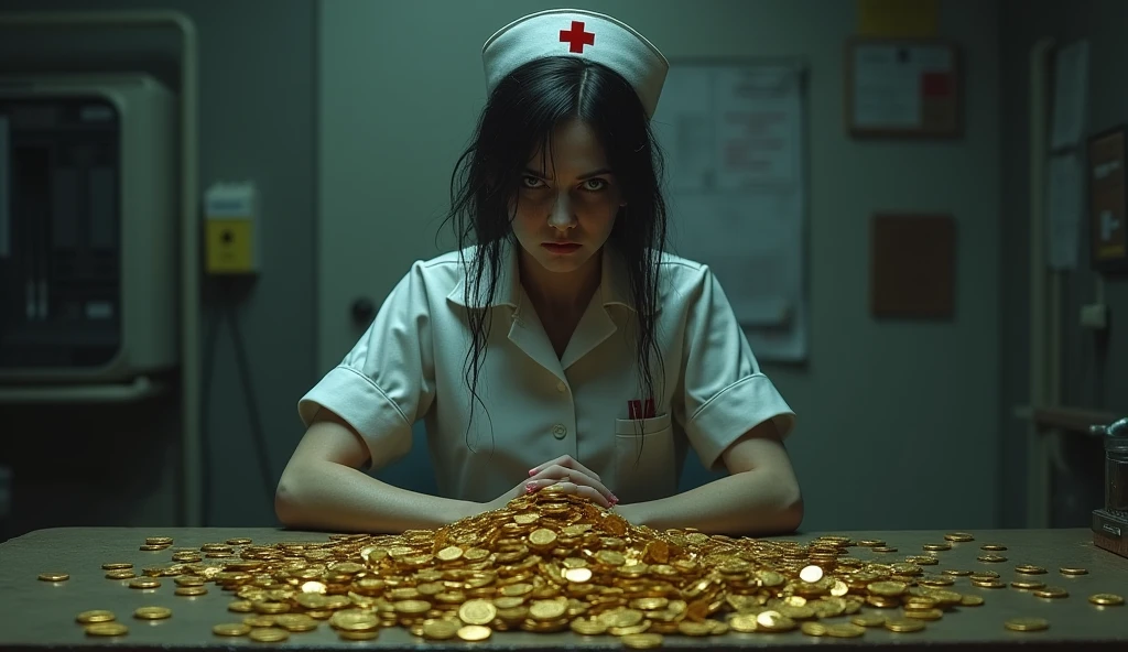 a gloomy nurse with an evil face is sitting at a desk, where there are many gold coins stacked