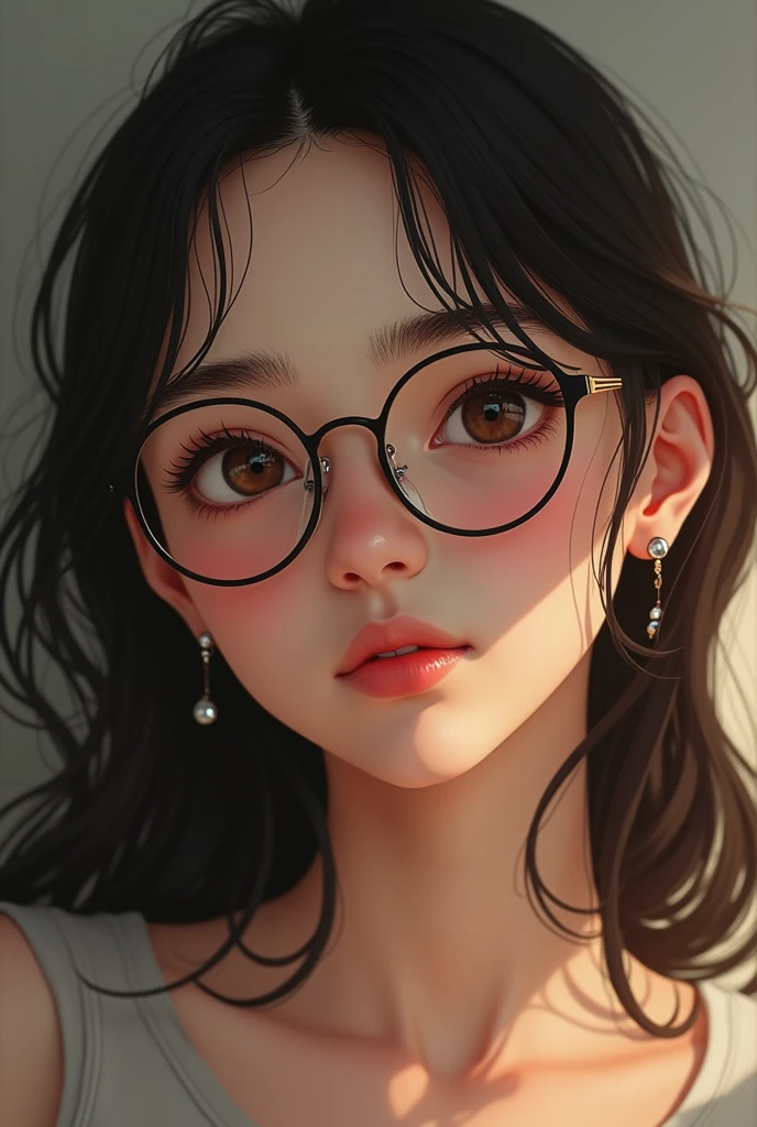 A girl with thin glasses and hair below her shoulders, His brown eyes and thin eyebrows, lips a little voluptuous but normal, in the ears two silver earrings can be seen