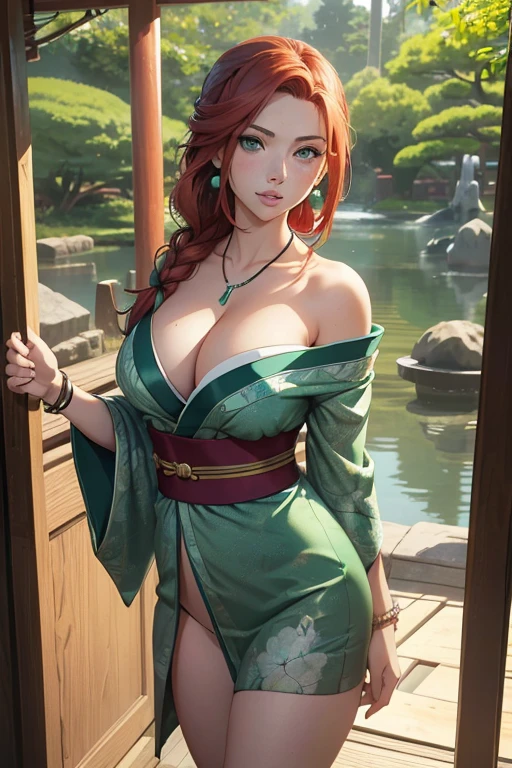 (masterpiece), best quality, expressive eyes, perfect face, front lighting, (outside japanese garden background), (standing), (happy face), (cleavage view), (1girl, milf, Scarlett Johansson, fair skin, face freckles, red hair, medium length hair, braid hairstyle, green eyes, hourglass figure, thin body, skinny body, petite_body, medium breasts, wide hips, thick thighs), (traditional japanese aqua-green kimono dress, aqua-green kimono dress, strapless, long sleeve, exposed cleavage, jewelry, necklace, bracelets, earrings),