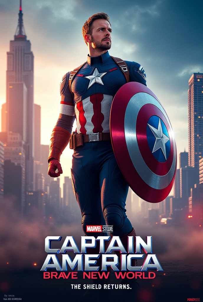 "Design a captivating movie poster for 'Captain America: Brave New World.' Feature Captain America in a dynamic pose, showcasing his iconic shield with a futuristic city skyline in the background. Use vibrant colors with shades of blue, red, and silver. Include the movie title at the top in bold, heroic font, and add a tagline below: 'The Shield Returns.' The poster should convey a sense of adventure and heroism."