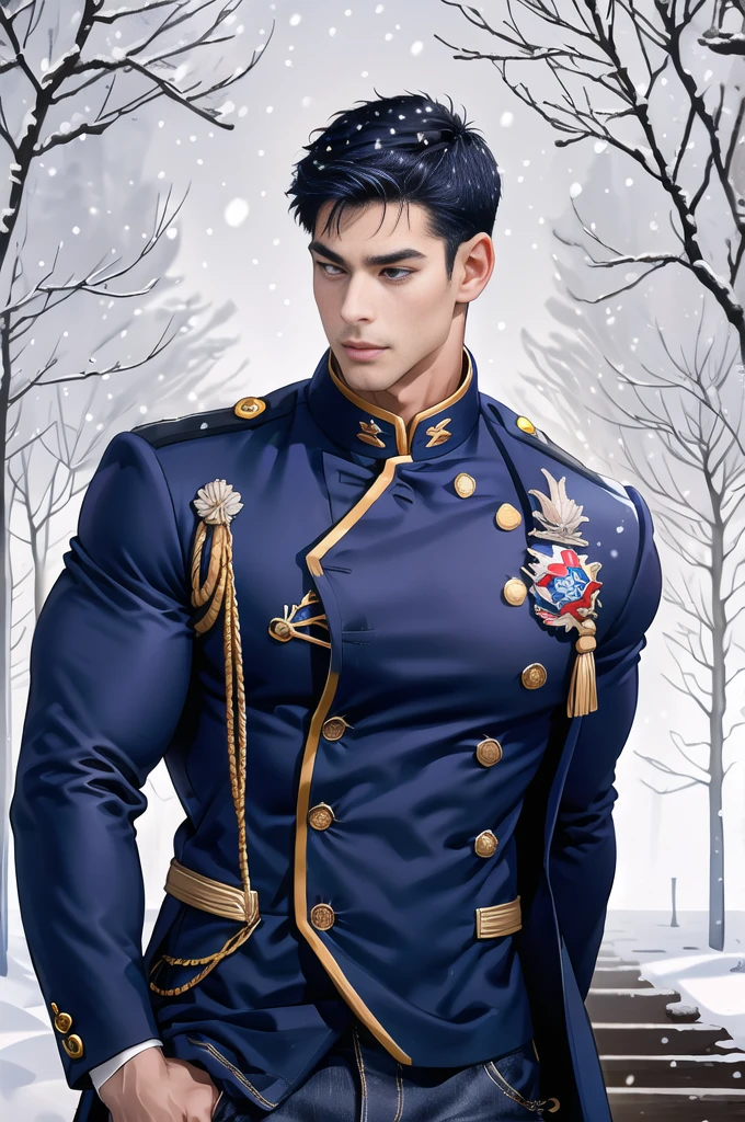 Handsome young man,(Thin mustache:0.8), alone, (ฺBuzz Cut:0.8), (Wear a navy blue coat:1.2),Blue Jeans,(Wear a black watch.),Korean people,chest muscles,large arm muscles, vessel,big muscles,Broad shoulders,(Snow Forest:1.4),