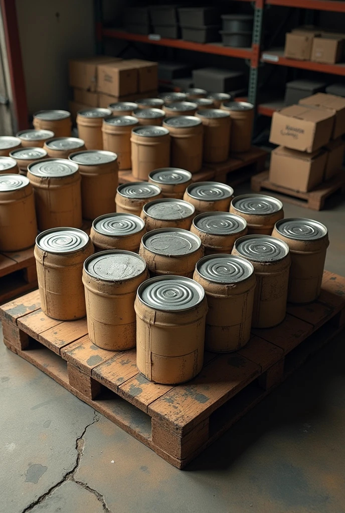 Stowage of cardboard trays, with 10 tins in each tray, on top of a wooden platform