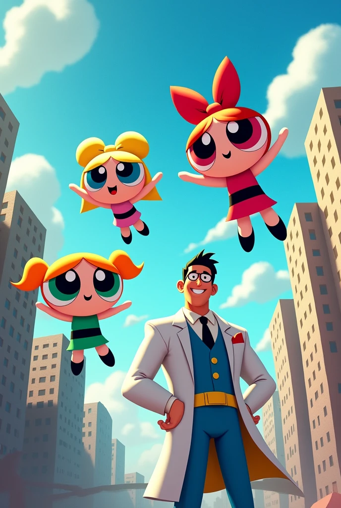 Powerpuff girls with professor and add one more girl character