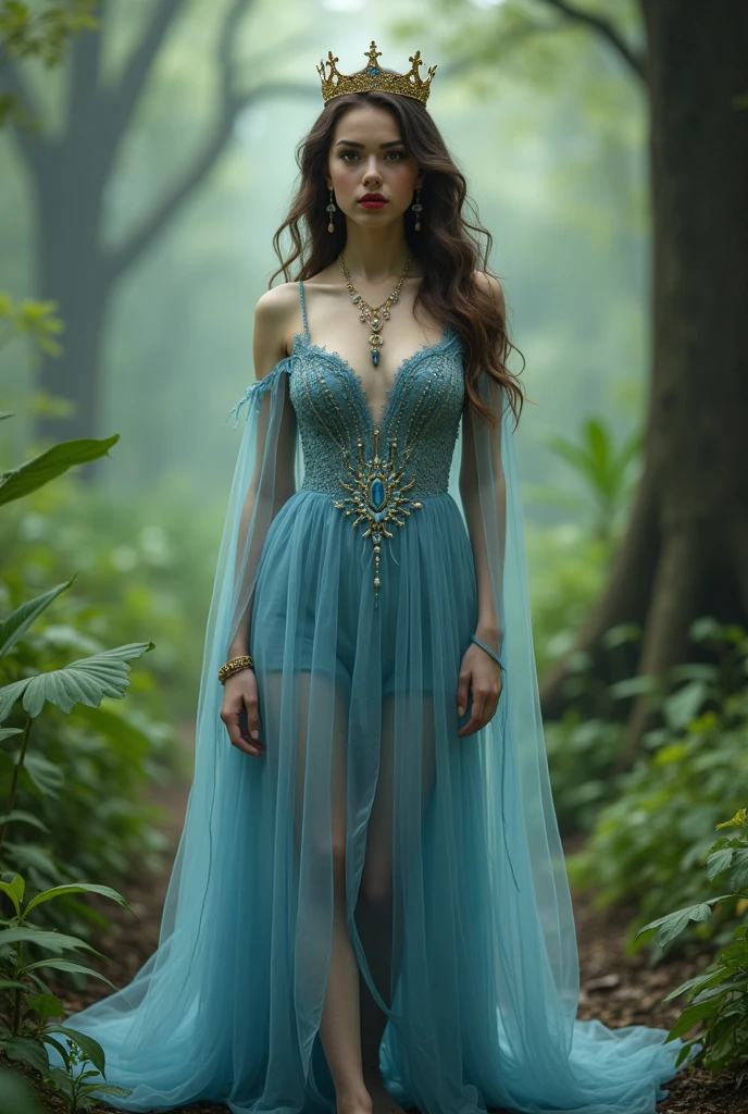 best qualityer, tmasterpiece, 超高分辨率, Close-up of a woman in a flowing blue-pink gauze dress, close-up all over the body, sexy for, Shoulder cut, beautiful teenage girl, Beautiful queen fantasy, Ethereal beauty, Beautiful costume girl, beautiful goddess woman, ((Beautiful queen fantasy)), oriental fantasy, Ethereal fantasy, detailed scene, awesome pose, Attractive accessories, picturesque, brunette color hair, fanciful, Small animals around her, in the middle of a forest,