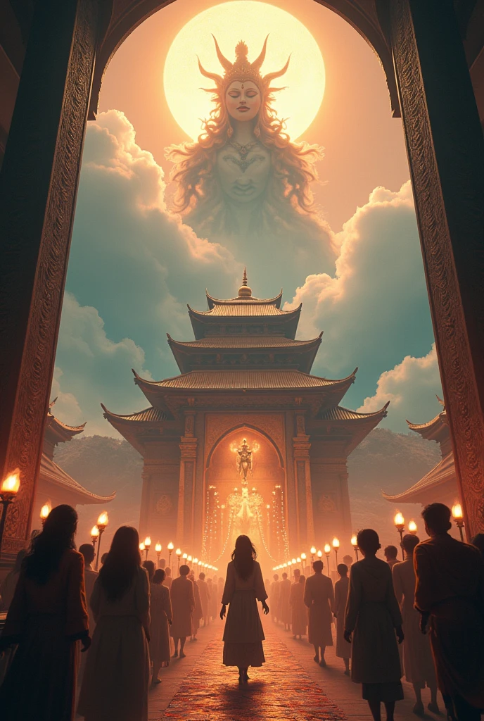 In cinematic style "In the village temple, people are reverently worshipping the Yakshini's idol, with flowers and lamps illuminating the space. The Yakshini is seen in the sky, pleased, her face showing maternal love and contentment. The village is once again peaceful and prosperous, with children playing and people smiling.
