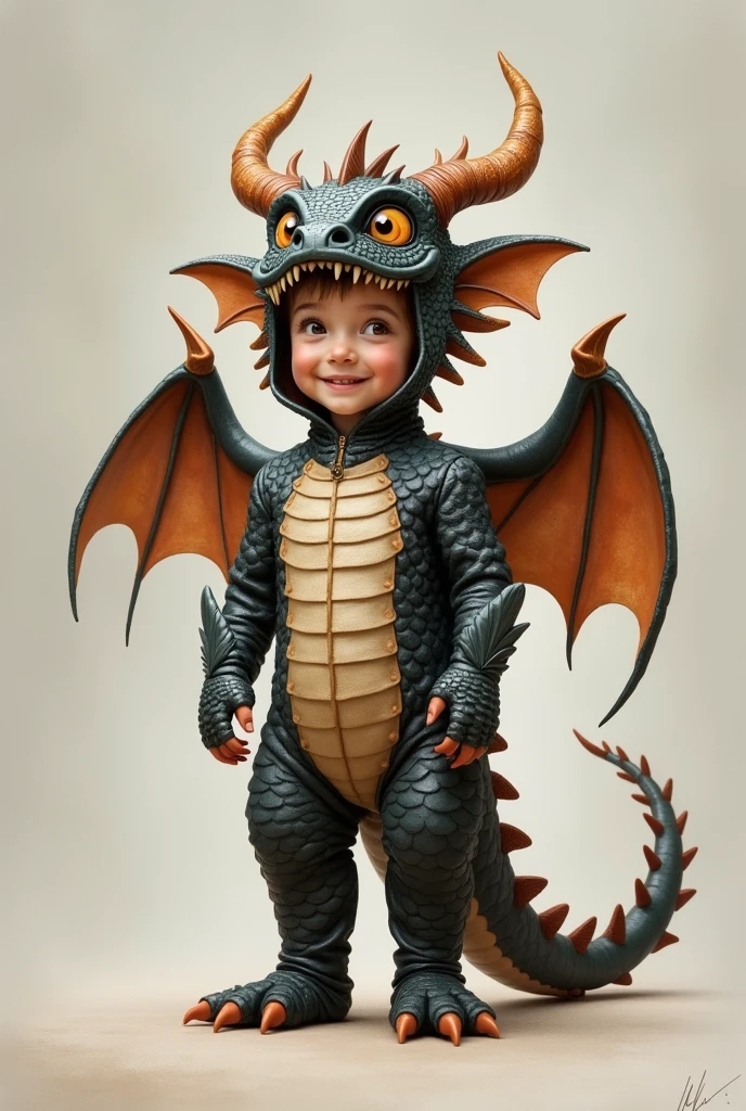 Realistic full-body portrait of a standing wearing a dragon costume