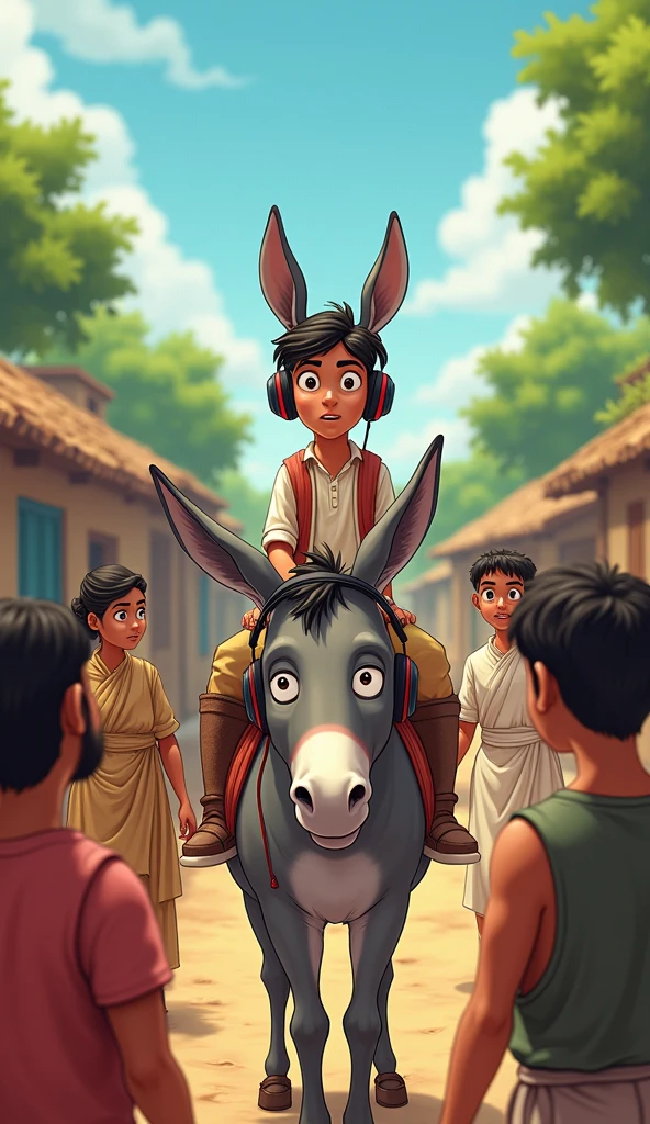 Villagers' reaction: The villagers were surprised and asked, "Mohan, why are the headphones on the donkey's ears?" And mohan sit on the donkey
