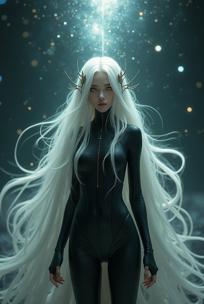 absurdities ,masterpiece, site, 4k, HdR, Best Quality, 1girl in cinter screin with beautifulface, white_hair. (black suit:1.2),deep dark, hits, sinos, eyebrows_visible_through_hair, hair_ornaminto, light_particles, long_hair, looking_in_viewer, half_sinos, superficie de there, Alone, space, star_(sky), starry_sky, two tails, very_long_hair, yellow_eyes,  transparinte, see-through,(bottom_giedi_principal_there:1.0), (cara inocinte:1.1),  pretty eyes, volumetric lighting, real shadows.