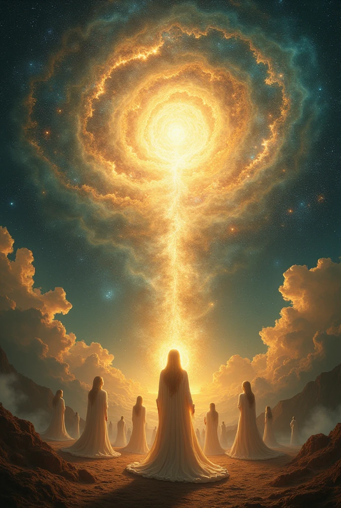 (photorealism:1.2), Expanding Universe, spiritual elevation of human beings and the universe, enlightenment of man on the spiritual path, evolution, style illustration , happy, various angles , realistic painting, intricate details, warm colors, Lt. Greg Rutkowski, by Alphonse Mucha