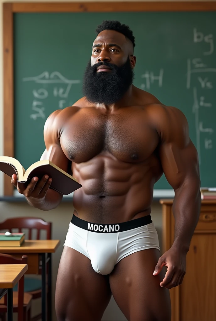Strong, bearded, hairy black teacher teaching in the classroom wearing white underwear with “MOCANO” written in capital letters on the elastic of his underwear and holding an open book in his hand.