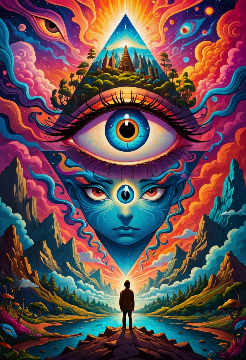 A man stands in front of a painting of an eye, Surrealism inspired by Cyril Rolando, Popular on artstation, Psychedelic Art, Visionary Art Style, Third Eye Vision, Psychedelic illustration, Fantasy painting, Psychedelic surrealist art, Psychedelic Art style, Psychedelic Art, psychedelic aesthetic, Dan Mumford and Alex Grey style, extremely psychedelic experience, The Third Eye, Psychedelic Trip
