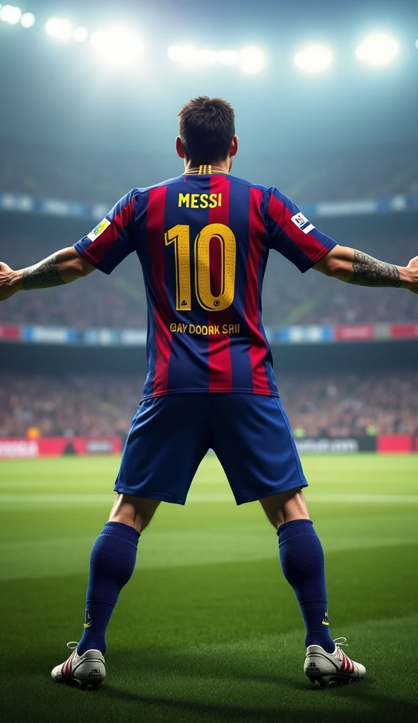 Photorealistic, 64K, A realistic lionel messi [wearing barcelona soccer jersey number 10] standing up celebrating his iconic celebration goal, both his leg opened wide, and also opened wide his arm, perfect fingers, in stadium background