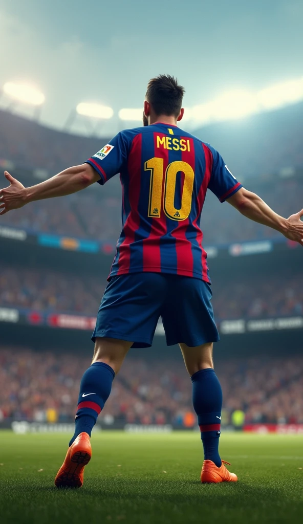 Photorealistic, 64K, A realistic lionel messi [wearing barcelona soccer jersey number 10] standing up celebrating his iconic celebration goal, both his leg opened wide, and also opened wide his arm, perfect fingers, in stadium background