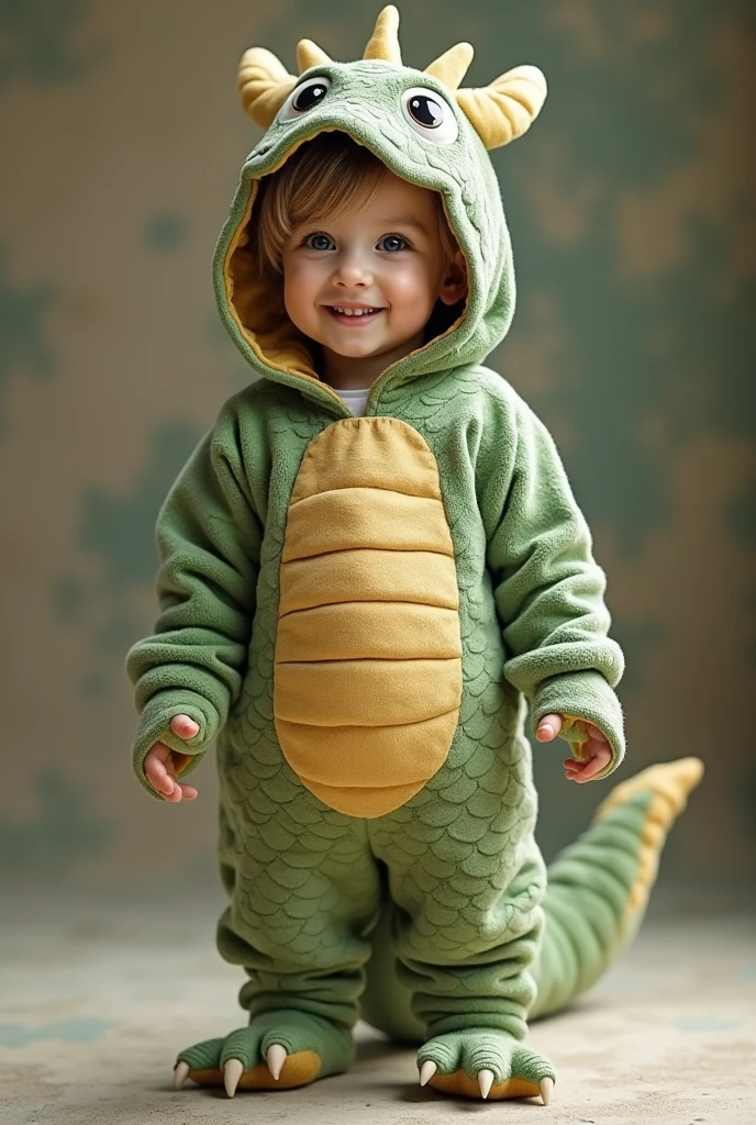 Realistic full-body portrait of a standing wearing a soft dragon costume
