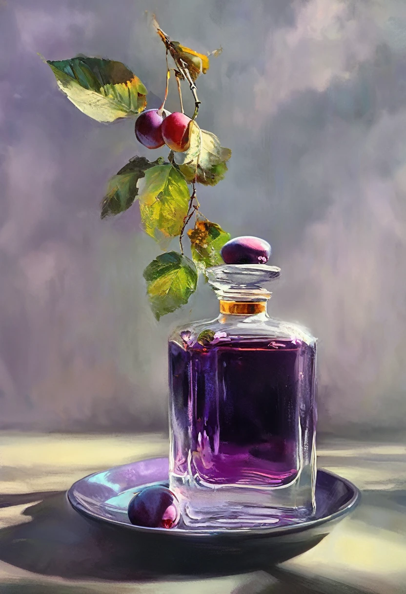 a surreal plum floating in perfume the container is a man's hat, photorealistic, oil painting, highly detailed, intricate, ornate, dramatic lighting, vibrant colors, smooth blending, cinematic composition, moody atmosphere, fantasy, dreamlike, (best quality,4k,8k,highres,masterpiece:1.2),ultra-detailed,(realistic,photorealistic,photo-realistic:1.37)