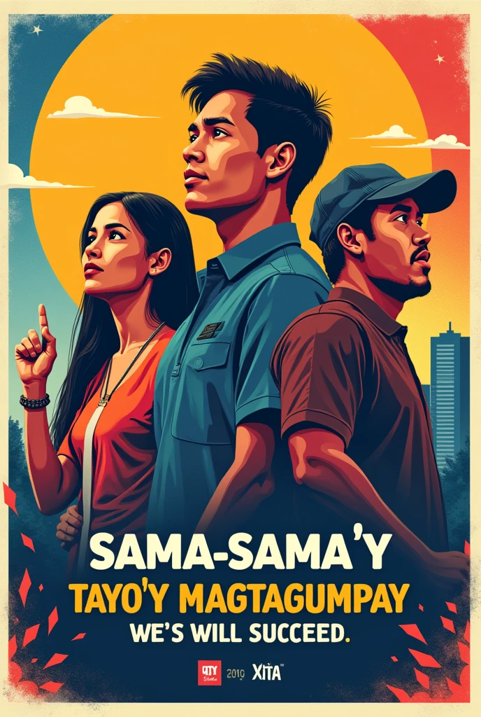 poster slogan for political society, principle of subsidiarity, principle of solidarity with 3 person who is political, solidarity, subsidiarity with the caption of “Sama-sama, Tayo'y Magtagumpay”