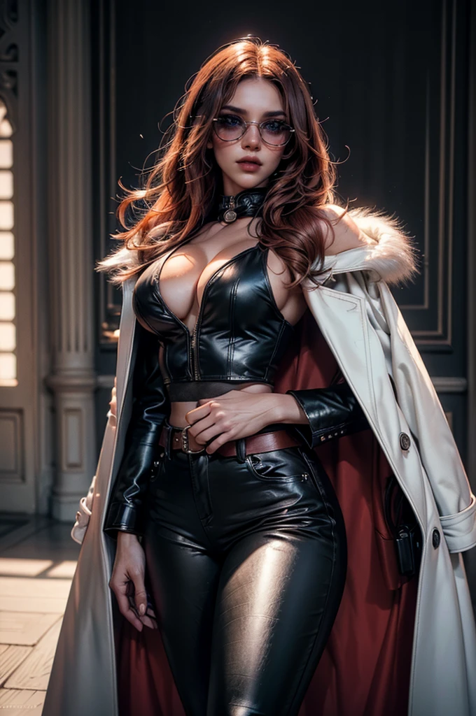 (cowboy shot), a beautiful young woman with long red hair, lora_Emma, ((black high waist leather pants)), ((formal white top with cleavage)), waist belt, ((a white fur coat)), reflective silk scarf, (red shaded sunglasses), standing outside, (best quality,4k,8k,highres,masterpiece:1.2),ultra-detailed,(realistic,photorealistic,photo-realistic:1.37),detailed face, detailed eyes, detailed lips, long eyelashes, beauty, fashion, portrait, glamorous, elegant, studio lighting, dramatic lighting, high contrast, vivid colors, cinematic, ((coat on shoulders))