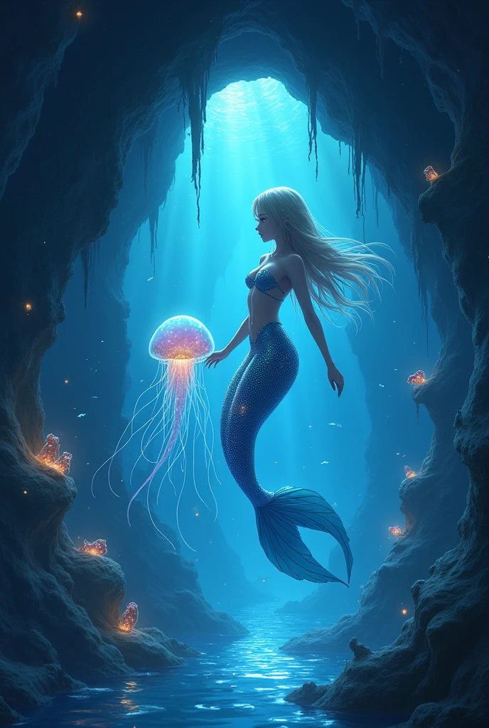 masterpiece,best quality,Extremely detailed,Anime style,Deep in the fascinating cave,A mermaid girl with bioluminescent scales forms an unlikely alliance with a curious jellyfish pal. Together,They explore the mysterious underwater world,Uncover hidden treasures,