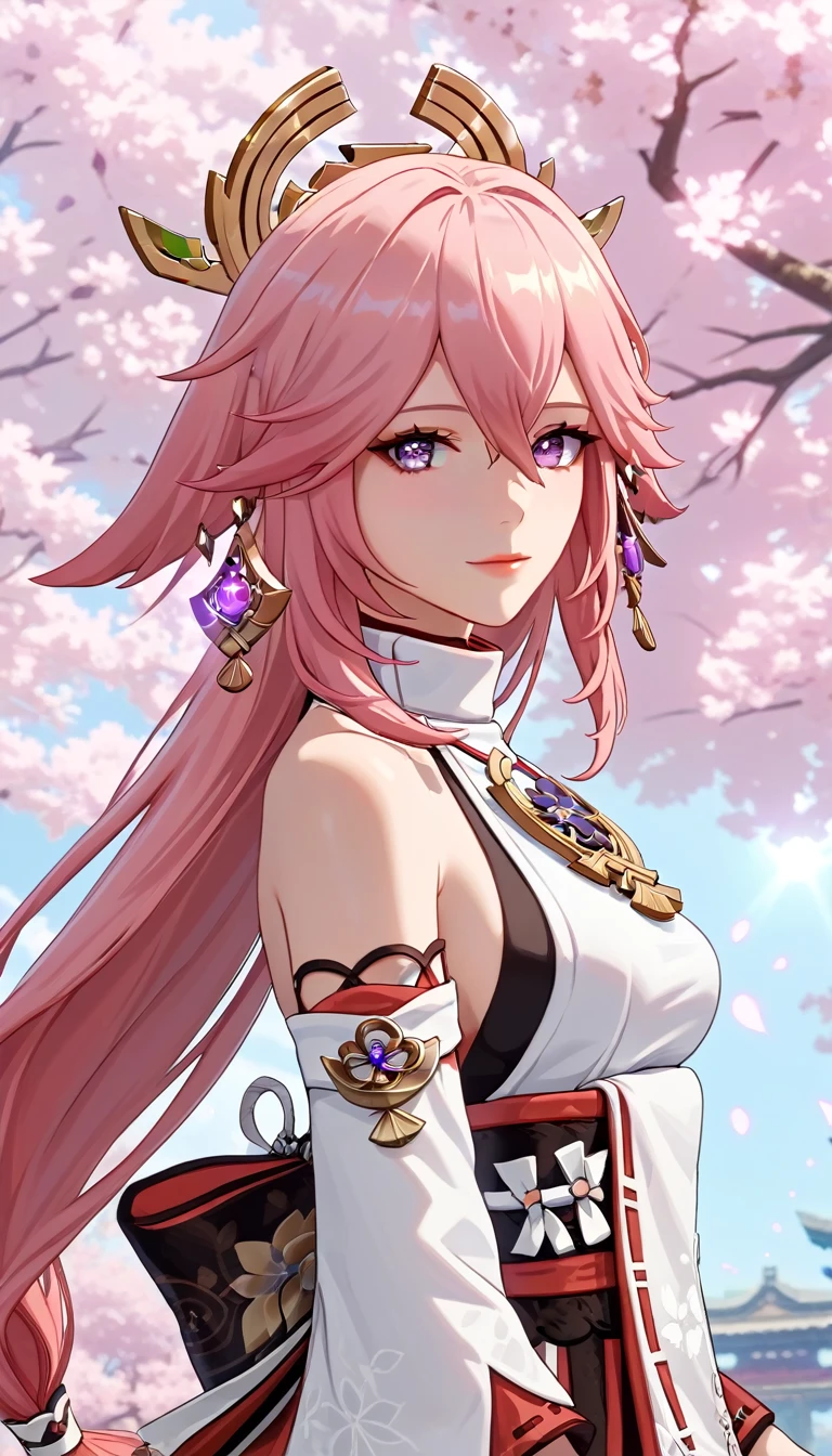 score_9, score_8_up, score_7_up,source_anime, high res image,masterpiece,(best quality:1.5),girl,cute face,clear skin,yae_miko_genshin,heart eyes, (upper body), (standing), (pink hair), jewelry, Earring, kimono, absurddress, Glowing skin, oil skin, ferpect lighting, detail face, detail eyes, detail skin, detail color, (Japanese temple background), outdoor, Tree,