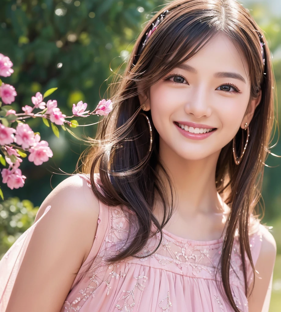 ((best quality:1.3)), ((masterpiece:1.3)), ((detailed background:1.3)), ((detailed face:1.3)), detailed nose, detailed eyes, (happy smile:1.3),Feminine pink dress、race、Small accessories、Sparkling、Photon Mapping