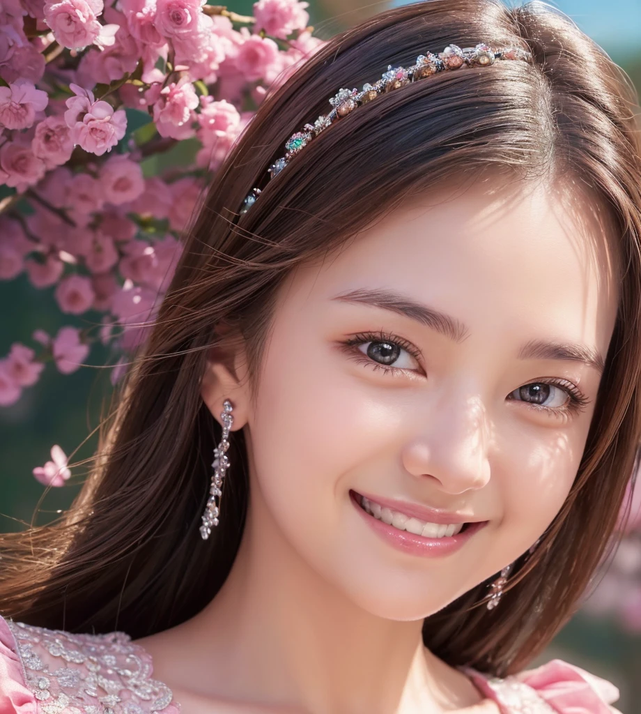 ((best quality:1.3)), ((masterpiece:1.3)), ((detailed background:1.3)), ((detailed face:1.3)), detailed nose, detailed eyes, (happy smile:1.3),Feminine pink dress、race、Small accessories、Sparkling、Photon Mapping