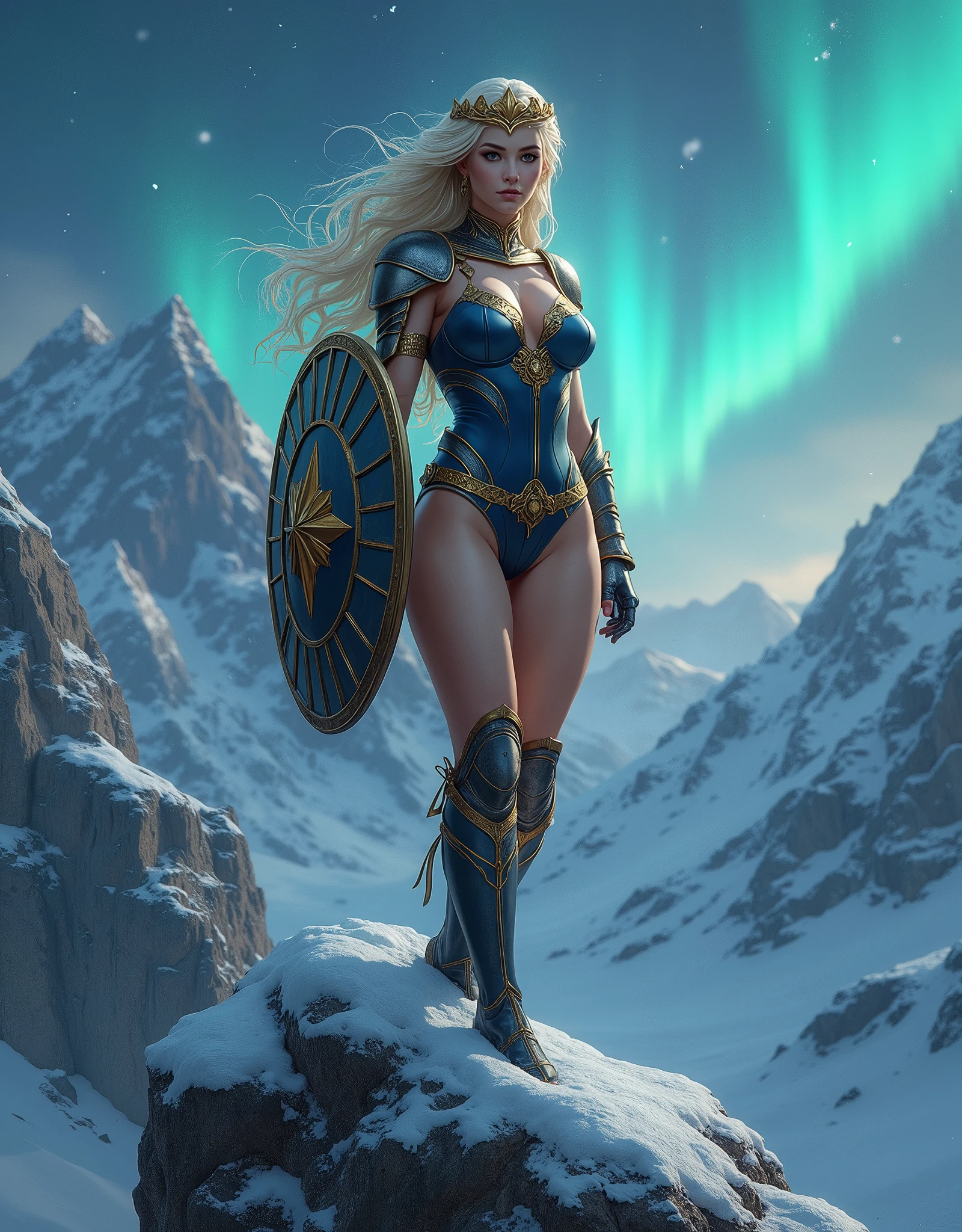 BOMBSHELL BLONDE WOMAN, WARRIOR FEMALE, VERY PALE SKIN, SKIN BLUE EYES, HIGH CHEEKBONES, ROSY CHEEKS, MENTAL FORAMEN, GOLD TIARA, HUGE LONG HAIR, DOUBLE BRAID HAIR, VOLUMOUS HAIR, BLUE AND GOLD LEOTARD ARMOUR, BLUE AND GOLD ARMOUR, GOLD GAUNTLETS, STRONG CURVY BODY, MUSCLES, GORGEOUS EXPOSED THIGHS, DETAILED QUADRICEPS, MUSCLES, GOLD FLAT BOOTS, STAND UP ON A HIGH MOUNTAINS ROCK, SHIELD , SIDE BODY VIEW, NORTHERN LIGHTS, NORTH POLE, SNOW, HIGH MOUNTAINS, SNOWING, NIGHT SKY, ACCURATE IMAGE, MASTERPIECE.