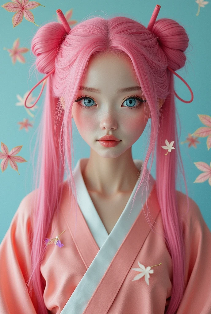 (work of art), (best qualityer), (super verbose), (dirty hair), (illustration), (1 girl) (Long Pink Hair 1.5) (blue colored eyes) (Double ponytail 2.0), ((((No Shoulders))),Hanfu, (looking at the audience, (interview), (simple background), beautiful and delicate eyes, delicate and beautiful face, soaring (high saturation), (Colorful sheen), Multicolored Bubbles, (sheen), highlight on face, PerfectNwsjMajic, Conservative Clothes, No Shoulders, autumn clothes, facing the masses, perfect figure,