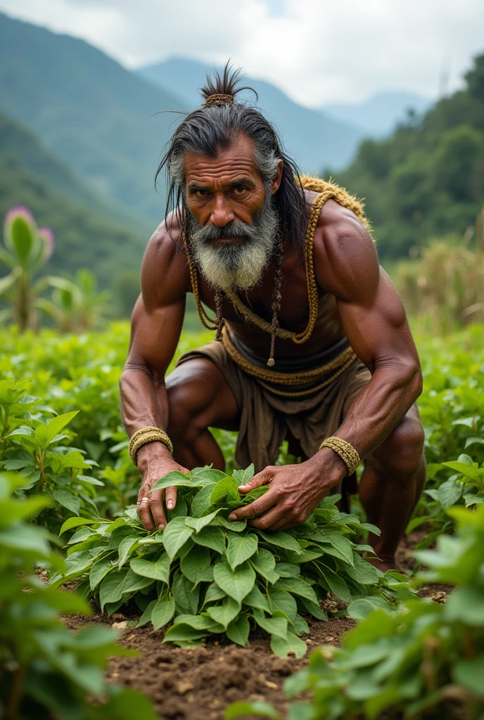 An indigenous man working to harvest his crops