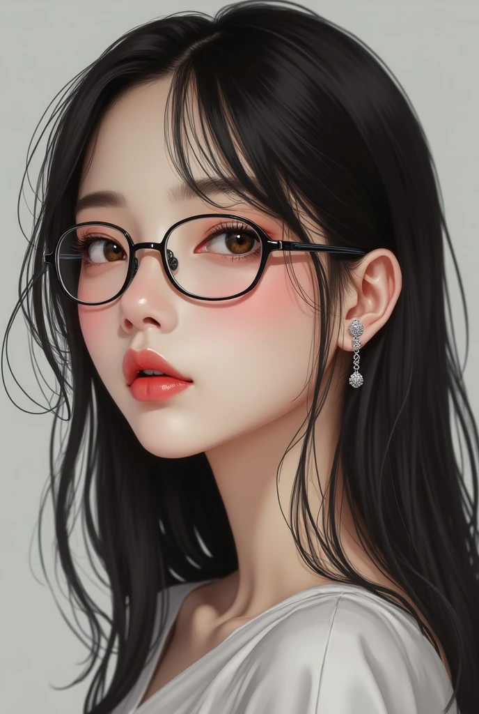 A girl with thin, elongated glasses and hair below her shoulders, His brown eyes and thin eyebrows, lips a little voluptuous but normal, in the ears that can be seen silver earrings, Put two earrings in your right ear