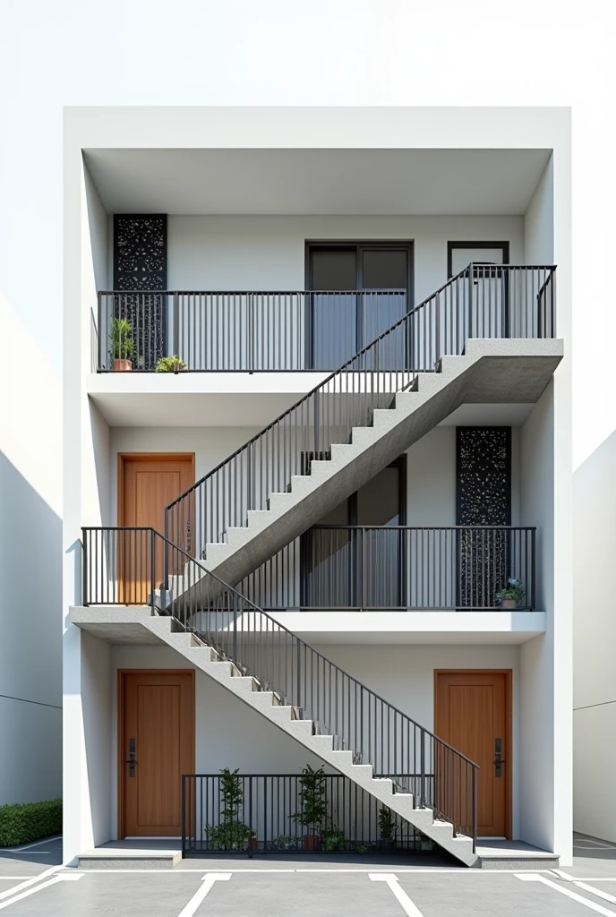 Create a 3D perspective of a modern apartment building that looks like a shape of a letter L. It has two floors, 5 unit rooms in every floor measuring up to 20 square meters floor area per room. Each room has a typical wooden door and a typical size slding glass window. It has a concrete stairs connecting from ground floor to the 2nd floor. The 2nd floor has a balcony in which people can walk by. The 2nd floor balcony has a steel guard rails 1 meter in height from the 2nd floor level. It has also a decorative steel grilles in the 2nd floor facing the stairs above. The color of the guard rails and decorative grilles are color black. The color of the building is white. Please include parking space in front of the building.