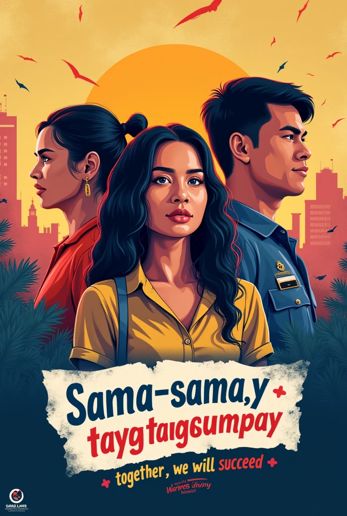 poster slogan for political society, principle of subsidiarity, principle of solidarity with 3 person who is political, solidarity, subsidiarity with the caption of “Sama-sama, Tayo'y Magtagumpay”