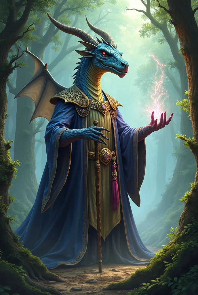 a broad-headed ombre dragon dressed as a druid with spells in hand