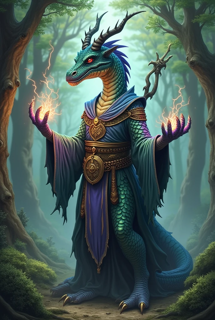 a broad-headed ombre dragon dressed as a druid with spells in hand