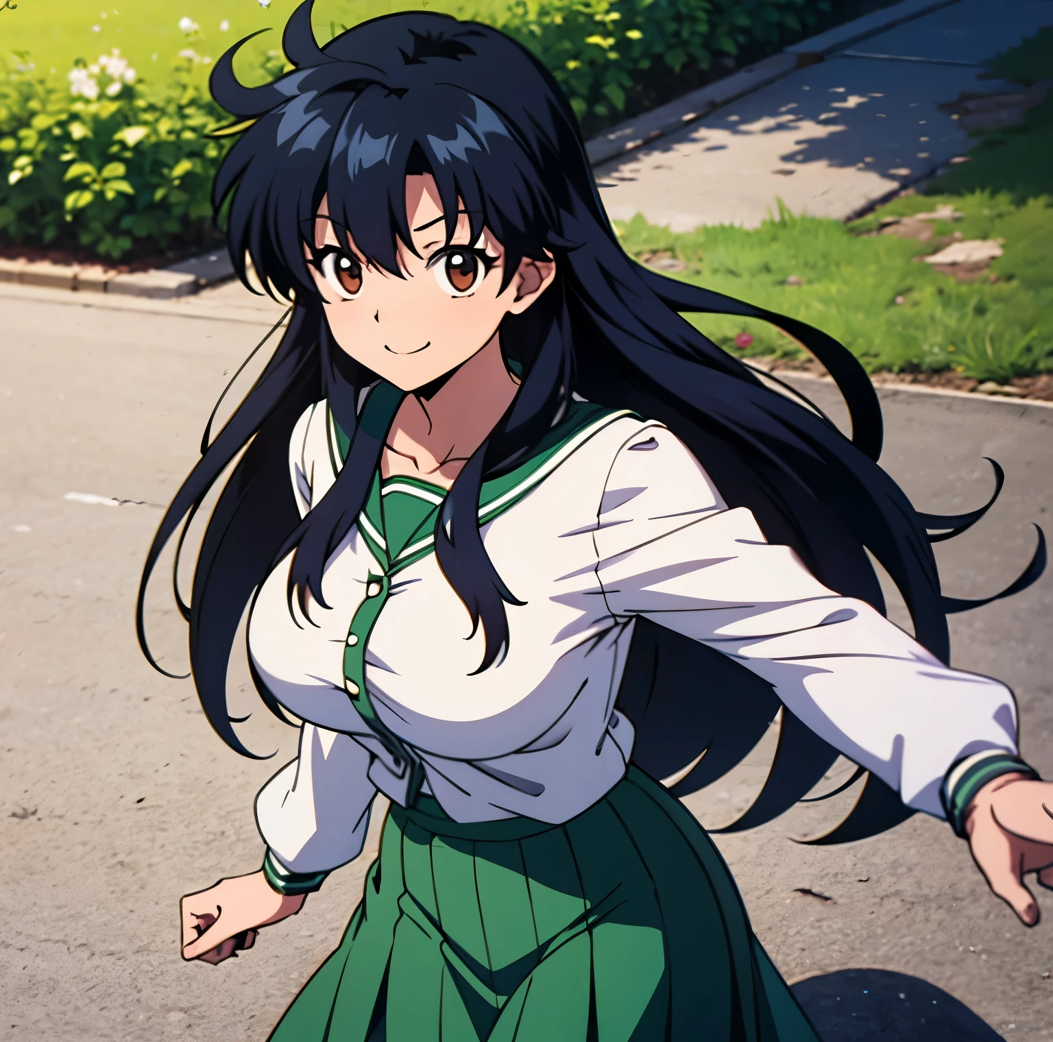 Kagome Higurashi, woman 2 black hair with blue highlights, Brown eyes,  smile, large breasts, White shirt, green skirt