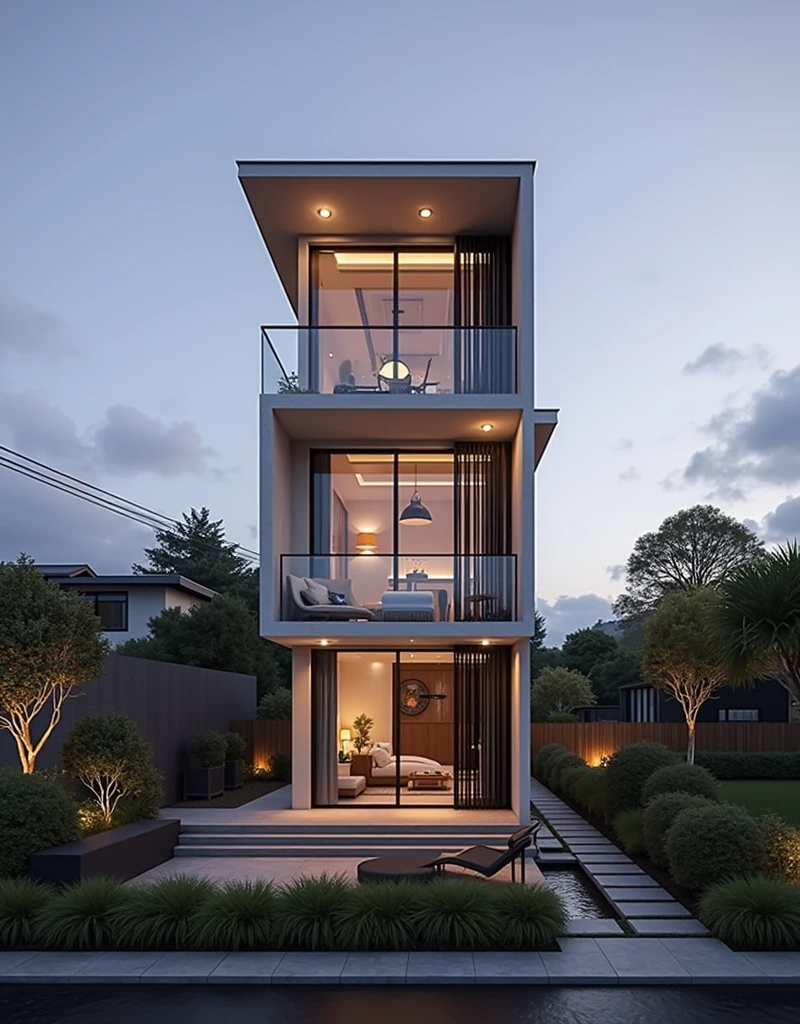 The space is designed according to Feng Shui rules, colors, architecture, style, perspective outside the house, modern style, moderate lighting, large balcony, no outside furniture arrangement. House, with parking