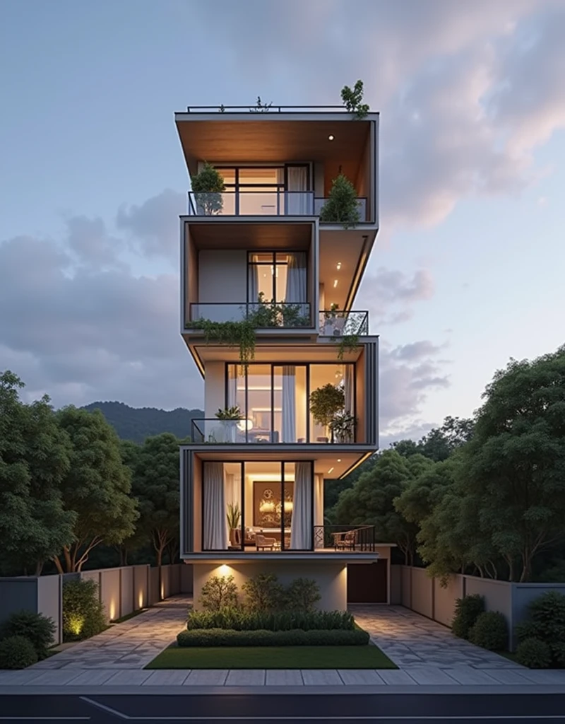 The space is designed according to Feng Shui rules, colors, architecture, style, perspective outside the house, modern style, moderate lighting, large balcony, no outside furniture arrangement. House, with parking