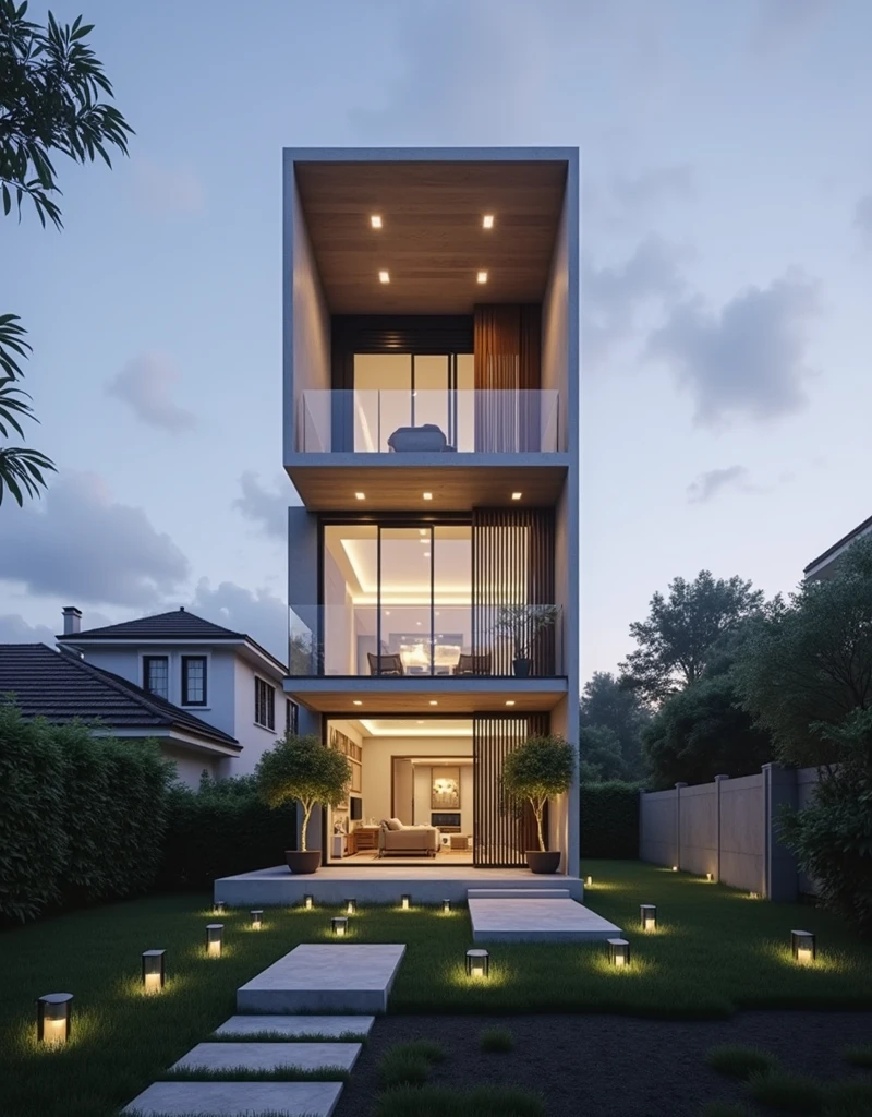 The space is designed according to Feng Shui rules, colors, architecture, style, perspective outside the house, modern style, moderate lighting, large balcony, no outside furniture arrangement. House, with parking