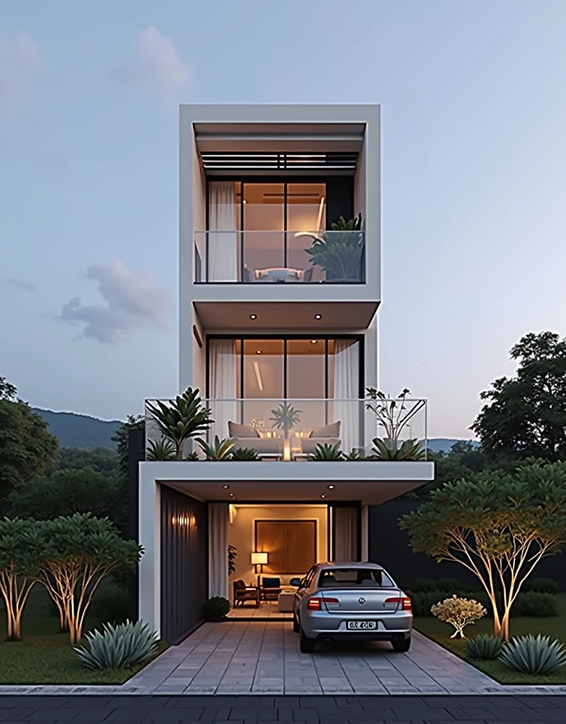 The space is designed according to Feng Shui rules, colors, architecture, style, perspective outside the house, modern style, moderate lighting, large balcony, no outside furniture arrangement. House, with parking