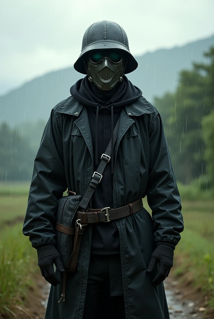 A man wearing a black cloth outfit, his face completely covered by an iron mask with glasses, wearing an M35 helmet, Wear a sun-protective jacket.

 The scene is in the middle of Huong Que, the weather is sunny and light rain.