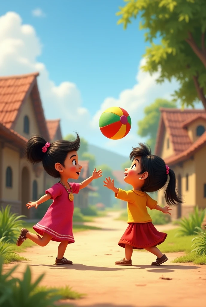 One day, in a beautiful village, two friends, Ali and Zainab, were playing. Ali brought a colored ball and started playing with Zainab. They were both very happy and were throwing the ball back and forth.