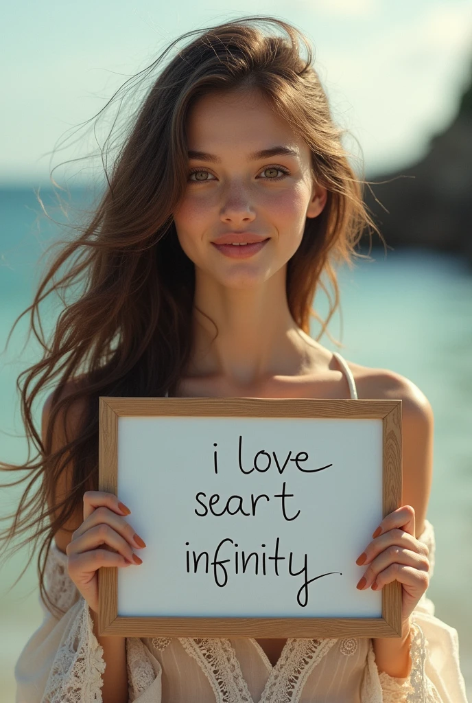 Beautiful girl with wavy long hair, bohemian dress, holding a white board with text "I Love Seaart Infinity" and showing it to the viewer