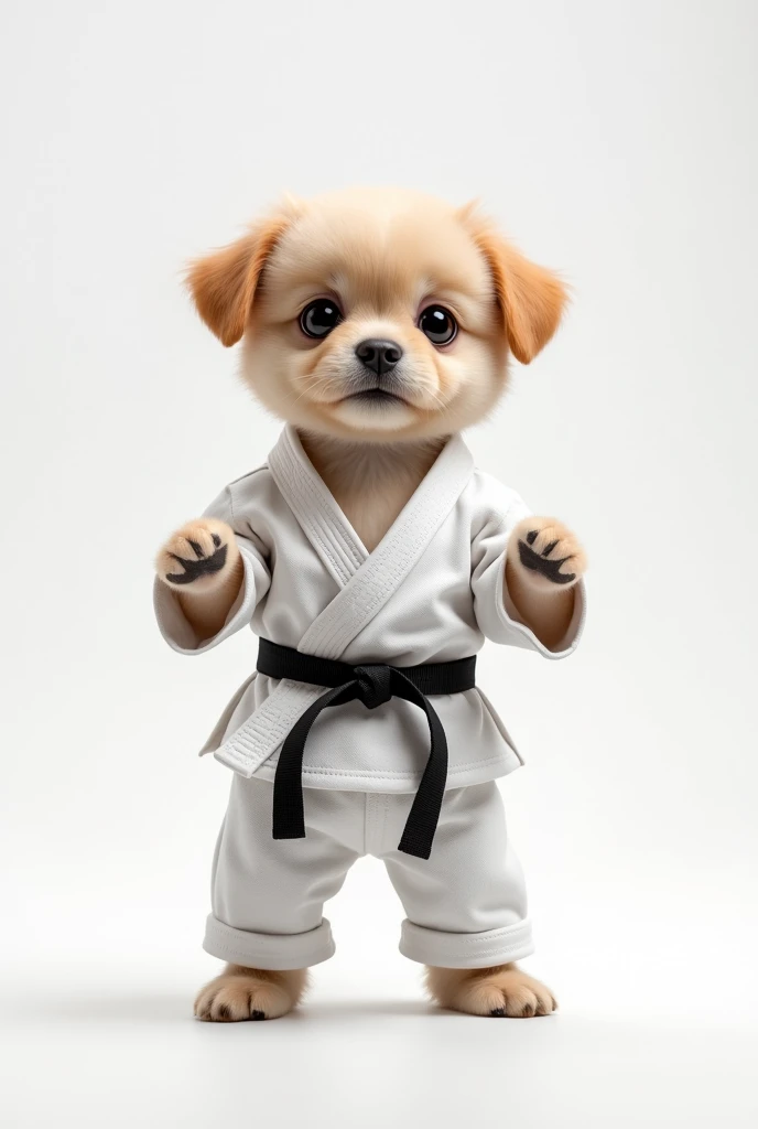 puppy in karate suit on white background
